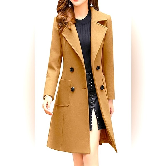 Chouyatou Women Elegant Notched Collar Double Breasted Wool Blend Over Coat Women Chouyatou - Chouyatou Women Elegant Notched Collar Double